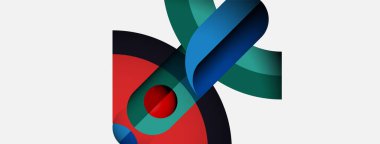 Soyut tasarım özellikleri üst üste binen kurdeleler, kırmızı daire, koyu arkaplan. Modern, minimalist estetik canlı renkler, pürüzsüz gradyanlar..