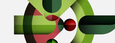 Üst üste binen daireler, dikdörtgenler içeren soyut bir kompozisyon. Yeşil, kırmızı renkler tasarımda baskın. Minimalist tarz, modern estetik.