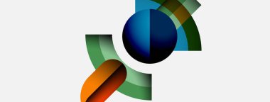 Soyut şekiller, canlı renkler, dinamik kompozisyon. Mavi daire, kıvrımlı segmentlerle çevrili. Modern tasarım, temiz estetik.