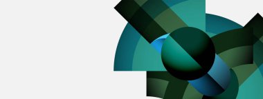Soyut geometrik bileşim. Üst üste binen şekiller, dinamik görsel ilgi yaratır. Teal, koyu yeşil renkler beyaz arkaplana hakim. Modern tasarım.