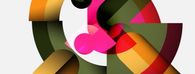 Soyut kompozisyon. Üst üste binen şekiller, dinamik görsel ilgi yaratır. Renkler karışıyor, karmaşık desenler oluşturuyor. Modern tasarım.