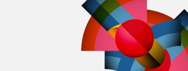 Soyut renkli şekiller örtüşür, dinamik bileşim yaratır. Kırmızı daire hakim, katmanlı renklerle çevrili. Modern tasarım.