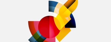 Soyut kompozisyon. Üst üste binen renkli çemberler dinamik görsel efekt yaratır. Modern tasarım, basit şekiller, parlak palet.