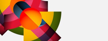 Soyut renkli şekiller örtüşür, dinamik görsel kompozisyon yaratır. Parlak renkler beyaz alanla tezat oluşturur. Modern tasarım ögesi.