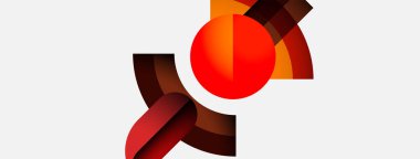 Soyut tasarım kıvrımlı şekiller, sıcak renkler içerir. Kırmızı küre, kahverengi eğimlerle çevrili bileşimi yönetir. Minimalist tarz, modern estetik.