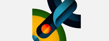 Soyut tasarım, üst üste binen kurdeleler, canlı renkler, geometrik şekiller. Kompozisyon hareketi çağrıştırıyor, modern estetik..