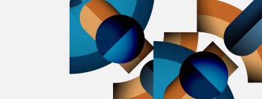 Soyut geometrik şekiller örtüşür, dinamik bileşim yaratır. Mavi, turuncu renkler beyaz arkaplana hükmediyor. Modern tasarım elemanları.