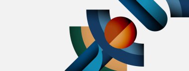 Soyut tasarım katmanlı kurdele ve küre içerir. Renkler arasında mavi, turuncu, yeşil, gri var. Minimalist kompozisyon, modern estetik.