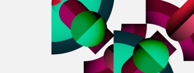 Üst üste binen daireler, kıvrımlar, canlı renkler içeren soyut kompozisyon. Modern tasarım, temiz estetik, dinamik şekiller mevcut.