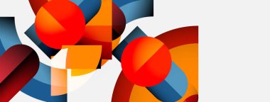 Soyut kompozisyon. Geometrik şekiller örtüşür, canlı renk farklılıkları yaratır. Kırmızı küreler baskın, maviler, portakallar ve grilerle dengelenmiş. Modern tasarım.