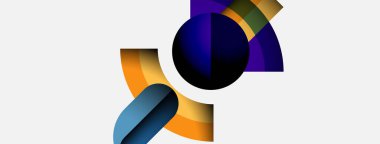 Soyut şekiller örtüşür, canlı renk karışımları yaratır. Bileşik özellikler eğriler, daireler, gradyanlar, modern tasarım estetiği.