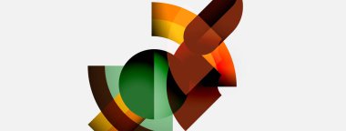 Soyut geometrik şekiller örtüşür, canlı renk karışımları yaratır. Bileşim eğriler, açılar, yumuşak eğimler içerir. Minimalist tasarım.