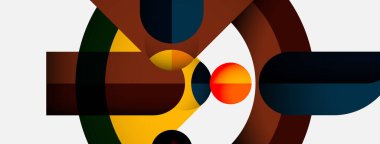 Soyut kompozisyon özellikleri üst üste binen daireler, sıcak renkler baskın, dinamik görsel etkileşim yaratıyor. Minimalist tasarım, modern estetik.