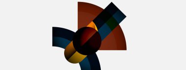 Soyut bileşim renkli geometrik şekiller içerir. Çemberler, kavisler, dikdörtgenler kesişir ve dinamik görsel efekt yaratır. Minimalist tarz, temiz çizgiler, modern tasarım.