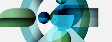 Soyut kompozisyon. Geometrik şekiller örtüşüyor ve serin renk eğimleri yaratıyor. Minimalist tasarım, modern estetik. Yumuşak geçişler, katmanlı biçimler.