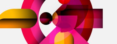 Soyut geometrik şekiller üst üste binerek kuş benzeri bir şekil yaratıyor. Renkler arasında pembeler, kırmızılar, portakallar, beyaz. Minimalist tasarım, modern estetik.