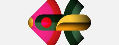 Soyut geometrik şekiller örtüşür, canlı renk bileşimi yaratır. Pembe, yeşil, sarı renkler beyaz arkaplana hakim. Modern tasarım.