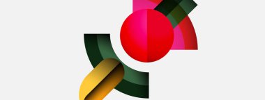 Soyut şekiller, canlı renkler, geometrik tasarım. Kırmızı daire kompozisyona hakim, pembe, yeşil, sarı elementlerle tamamlanmış. Modern estetik.