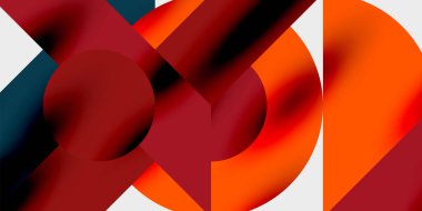 Soyut kompozisyon. Üst üste binen şekiller, canlı renkler, dinamik tasarım. Kırmızı, turuncu, deniz mavisi siyah arka plana hakim. Modern estetik.