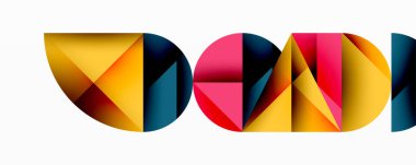 Soyut geometrik şekiller, açık renkli kelimeler oluşturur. Canlı renkler harmanlanır, dinamik görsel etki yaratır. Modern tasarım, temiz çizgiler.