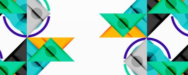 Geometrik desen üçgenler, daireler, kareler içerir. Teal, turuncu, gri renkler simetrik tasarım yaratır. Minimalist estetik.