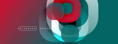 Soyut geometrik tasarım. Üst üste binen daireler harf formu oluşturur. Kırmızı, deniz mavisi eğimleri kompozisyona hakim. Modern, şık arkaplan ögesi.