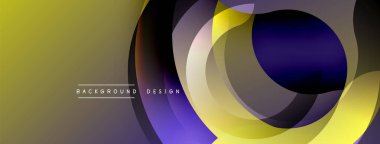 Soyut katmanlar, canlı renkler, geometrik şekiller modern tasarım yaratır. Sarı, mor renkler kompozisyona hakim. Minimalist metin mevcut.