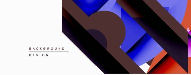 Soyut geometrik bileşim. Üst üste binen şekiller dinamik görsel efekt yaratır. Mavi, kahverengi, kırmızı renkler tasarımda baskın. Modern estetik, uygun arkaplan ögesi.