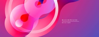 Soyut sıvı şekilleri, pembeler, morlar. Üst üste binen katmanlar dinamik görsel efekt yaratır. Modern tasarım ögesi.