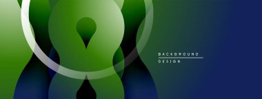 Soyut geometrik tasarım. Üst üste binen şekiller dinamik görsel efekt yaratır. Yeşil, mavi renkler kompozisyona hakim. Modern biçim.