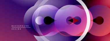 Soyut mor tasarım üst üste binen daireler, gradyanlar, modern estetik özellikler. Düz şekiller dinamik görsel etki yaratır.