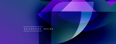 Soyut geometrik şekiller üst üste biniyor, dinamik mor, mavi renkler yaratıyor. Modern tasarım elementleri teknoloji ve yenilik öneriyor. Arkaplan özellikleri metin.