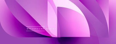 Soyut mor arkaplan. Üst üste binen kıvrımlı şekiller dinamik görsel efekt yaratır. Değişik renklerde modern tasarım. Basit metin ögesi mevcut.
