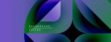 Soyut arkaplan özellikleri üst üste binen şekiller, gradyanlar. Mor, mavi, yeşil renkler modern tasarım yaratır. Minimalist metin mevcut.