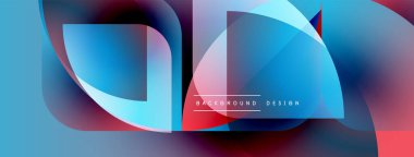 Soyut geometrik şekiller, canlı maviler, kırmızılar, pembe modern arkaplan oluşturur. Yumuşak eğimler, üst üste binen katmanlar derinlik ve dinamizmi akla getiriyor..