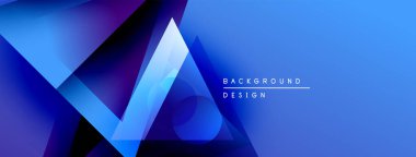 Soyut geometrik şekiller örtüşerek dinamik mavi gradyan arkaplan oluşturur. Modern tasarım elementleri teknoloji ve yenilik öneriyor.