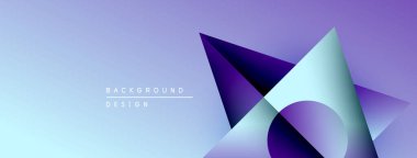 Soyut geometrik şekiller örtüşür, dinamik görsel efekt yaratır. Gradyan mor renkler arka plan tasarımına baskın gelir. Minimalist stil.