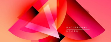 Soyut geometrik şekiller üst üste binerek canlı kırmızı ve turuncu renkler yaratıyor. Arkaplan tasarım metni mevcut. Modern, dinamik kompozisyon.