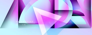 Soyut geometrik şekiller örtüşüyor, canlı mor ve mavi renkler yaratıyor. Tasarım, metin elemanları arka plan, tasarım içerir. Modern estetik.