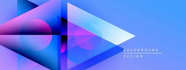 Soyut geometrik şekiller örtüşür, parlak mavi mor renkler yaratır. Modern tasarım elementleri dinamik görsel deneyim önerir.