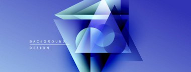 Soyut geometrik şekiller örtüşür, canlı mavi gradyan etki yaratır. Modern tasarım elementleri teknoloji ve yenilik öneriyor.