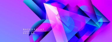 Soyut geometrik şekiller, canlı renklerin karışımı. Mor, mavi, pembe renkler modern tasarım yaratır. Arkaplanda dinamik bileşim.