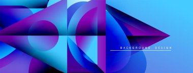 Soyut geometrik şekiller, canlı maviler, morlar dinamik bileşimler yaratır. Modern tasarım elementleri enerji, hareket.