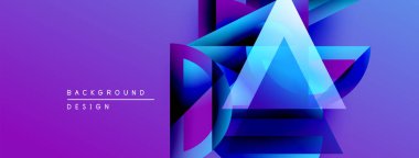 Soyut geometrik şekiller örtüşüyor, canlı mor ve mavi renkler yaratıyor. Modern tasarım elementleri yenilik ve teknoloji odaklanma öneriyor.