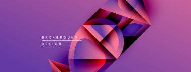 Soyut geometrik şekiller örtüşüyor, canlı mor, kırmızı renkler yaratıyor. Arkaplanda metin arkaplan tasarımı var. Modern, dinamik görsel kompozisyon.