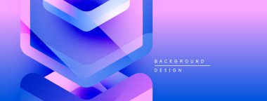 Soyut geometrik şekiller canlı maviler ve pembelerle harmanlanır. Modern tasarım teknoloji, yenilik, akıcılık öneriyor. Gradyan arkaplan derinlik yaratır.