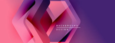 Soyut geometrik şekiller, canlı pembeler, morlar modern arka plan yaratır. Üst üste binen katmanlar derinlik ve dinamik bileşim öneriyor.