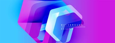 Soyut geometrik şekiller çakışıyor. Canlı mavi, mor renkler modern tasarım yaratır. Metin arkaplan tasarımı okur.