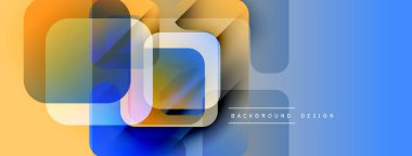 Soyut geometrik şekiller örtüşüyor, canlı renk eğimleri yaratıyor. Mavi, sarı, turuncu renkler tasarımda baskın. Modern estetik.