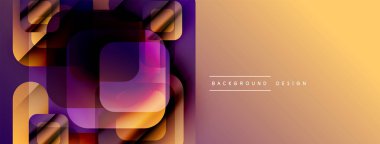 Soyut geometrik şekiller örtüşüyor, canlı renk eğimleri yaratıyor. Sıcak tonlar sağ tarafa baskın, serin renkler sol tarafa. Modern tasarım ögesi.